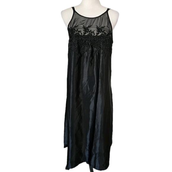 Vintage Dentelle Black Sheer Chest Floral Embellished Slip Nightgown Sz S - Picture 1 of 7